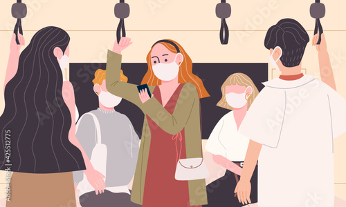 Flat style vector illustration of cartoon woman character on subway with many people using smartphone and wearing face mask getting to work by public transportation. New normal.