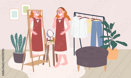 Flat style vector illustration of cartoon woman character try on outfit in front of the mirror and clothesline. Get dressed, Morning routine at home.