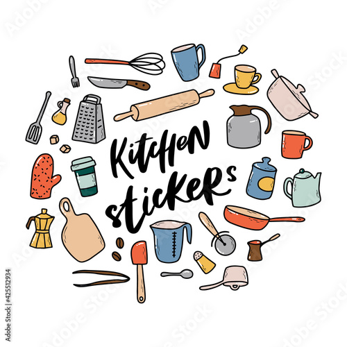 set of kitchen doodles on white background for stickers, prints, cards, clipart, kitchen decor, etc. 