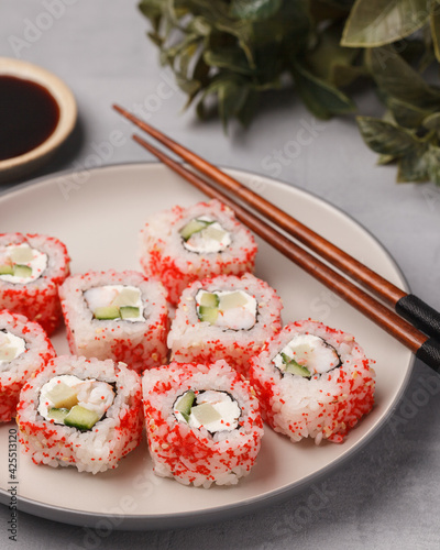 Different rolls and sushi. Asian cuisine.