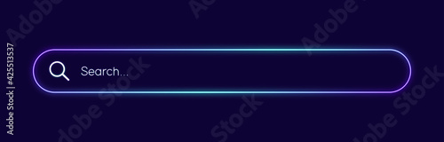 Neon search bar concept. Modern search neon button for web isolated on dark blue background. Eps 10 Vector