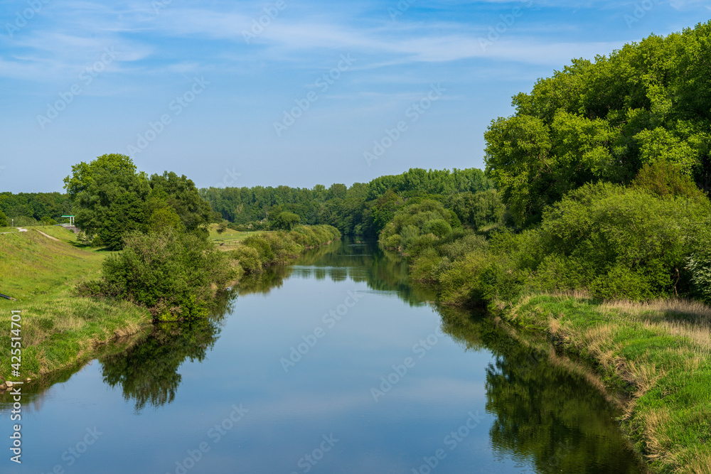 Dorsten, North Rhine-Westphalia, Germany - May 07, 2020: View from a bridge over the Lippe River