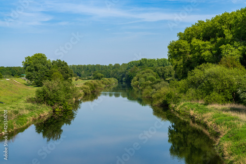Dorsten, North Rhine-Westphalia, Germany - May 07, 2020: View from a bridge over the Lippe River