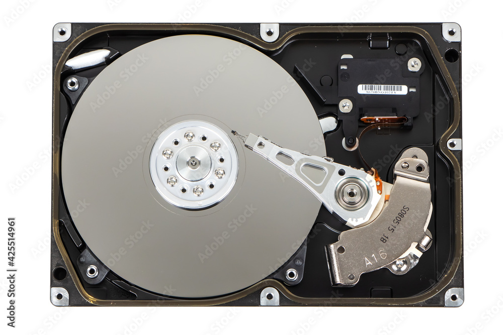 Close up inside of computer hard disk drive HDD isolated on white background Close up inside of computer hard disk drive HDD isolated on white background