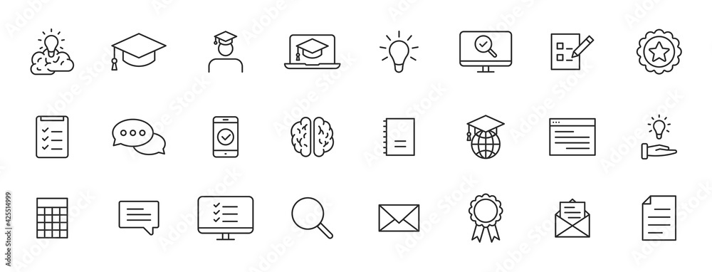 Set of 24 Education and Learning web icons in line style. School, university, textbook, learning. Vector illustration.