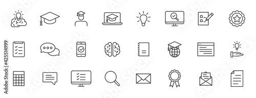 Set of 24 Education and Learning web icons in line style. School, university, textbook, learning. Vector illustration.