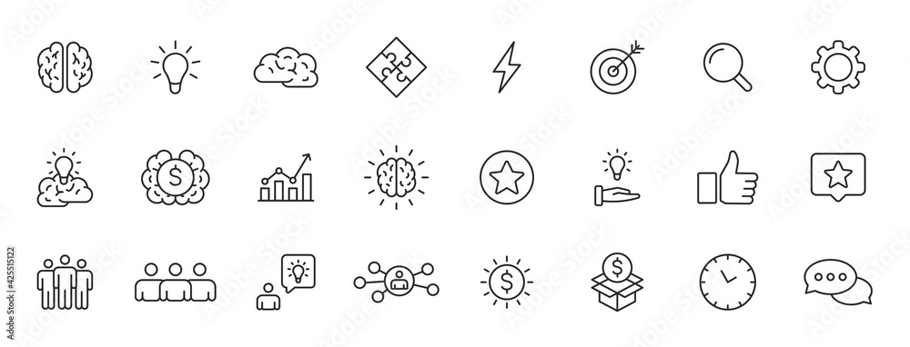 Set of 24 Creativity and Idea web icons in line style. Creativity, Finding solution, Brainstorming, Creative thinking, Brain. Vector illustration.