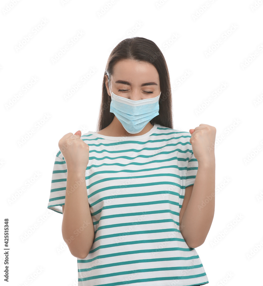 Emotional woman with protective mask on white background. Strong immunity concept Emotional woman with protective mask on white background. Strong immunity concept