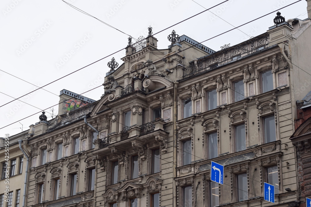 historical building, classical style in architecture, details of the facade