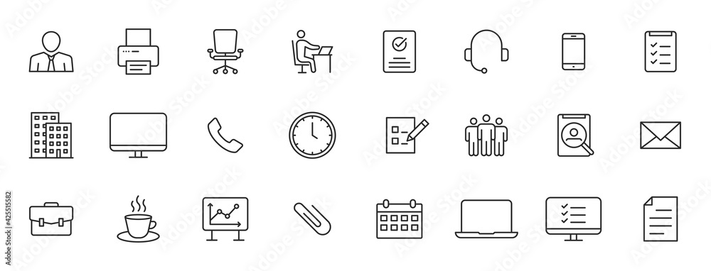 Set of 24 Office web icons in line style. Teamwork, workplace, coffee, work, business, employee. Vector illustration. Set of 24 Office web icons in line style. Teamwork, workplace, coffee, work, business, employee. Vector illustration.