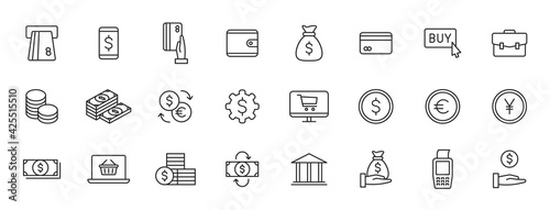 Set of 24 Money and Payment web icons in line style. Business, investment, financial, banking, exchange, pay. Vector illustration.