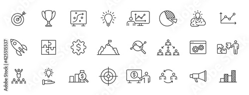 Set of 24 Business strategy web icons in line style. Startup, investment, financial, development, marketing, idea. Vector illustration.