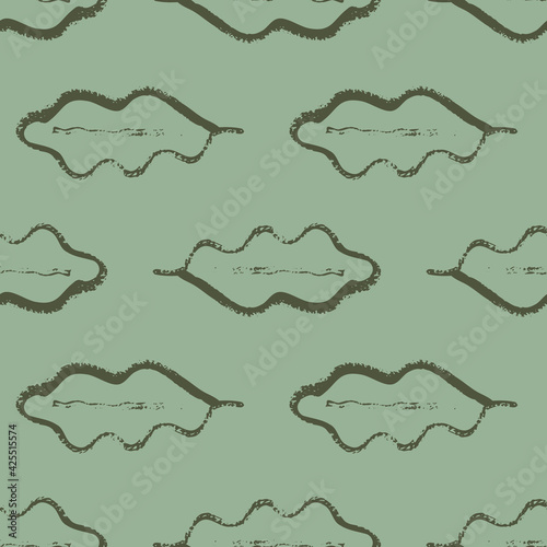 Oak leaf monochrome seamless vector pattern background. Simple calligraphy brush foliage sage green backdrop. Minimal horizontal geometric outline design. Painterly style all over print for wellness