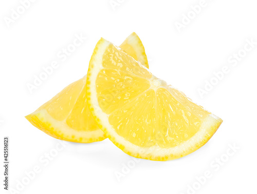 Fresh ripe lemon slices on white background