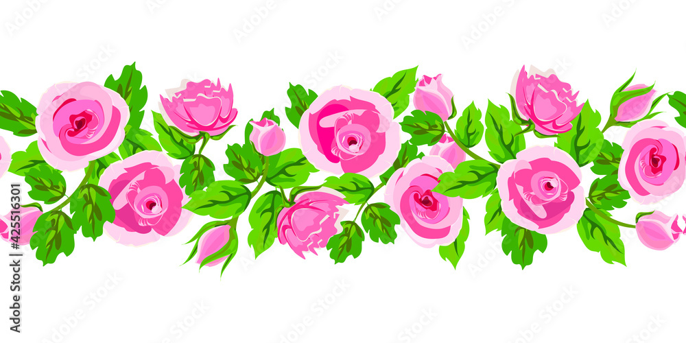 Vector horizontal seamless garland with small pink roses and green leaves
