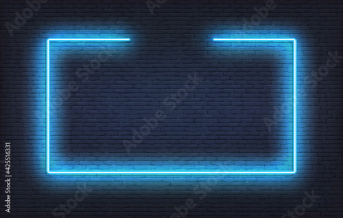 Neon frame sign. Realistic blue signboard glowing design template