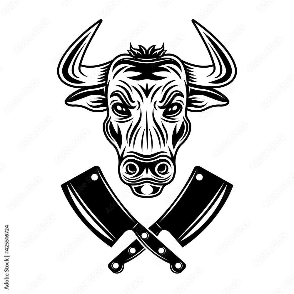 Bull head and two crossed meat cleavers vector monochrome illustration