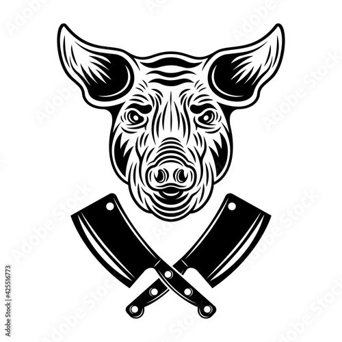 Pig head and two crossed meat cleavers vector monochrome illustration in vintage style isolated on white background