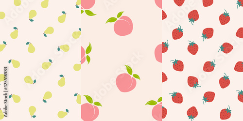 Fototapeta Naklejka Na Ścianę i Meble -  Set of fruit seamless vector pattern. Pear, peach, strawberry pattern. 