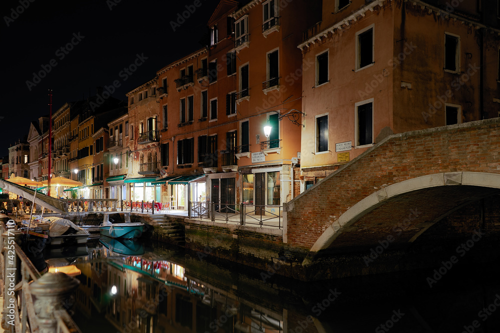 Venetian canal at night. Venice, Italy Venezia,