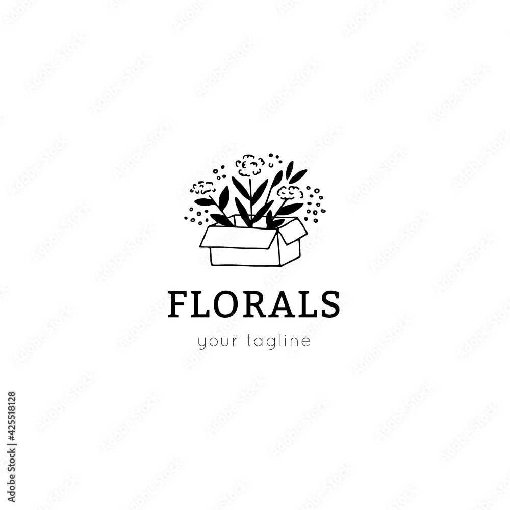 Vector logo template with minimalistic hand drawn floral icon. Flower bouquet box.