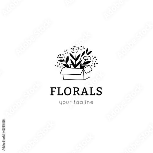 Vector logo template with minimalistic hand drawn floral icon. Flower bouquet box.