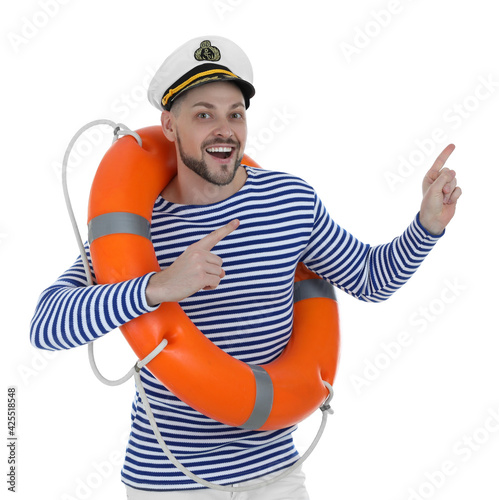 Happy sailor with orange ring buoy pointing on white background