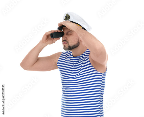 Εκτύπωση καμβά Sailor with looking through monocular on white background