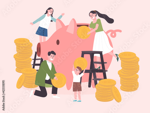 Flat style vector illustration of cartoon character father, mother, daughter and son with giant piggy bank and big coin. Family money saving.