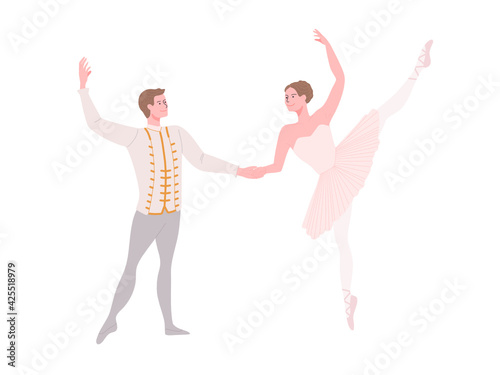 Flat style vector illustration pair of cartoon ballet dancer character posing isolated on white background.