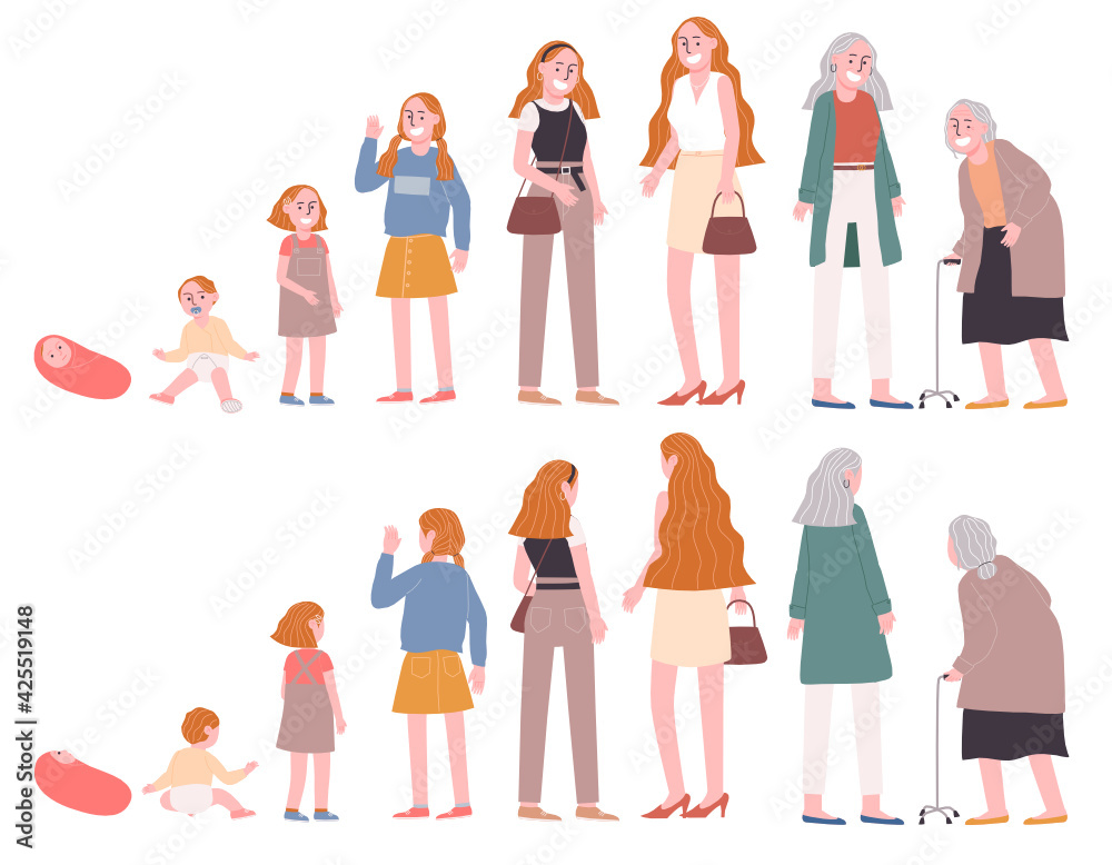 Flat style vector illustration stage of woman growing up front side and back side. Concept of human life cycles. Baby, toddler, kid, teenager, adult, elder. 