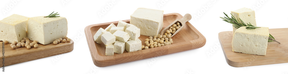 Set with delicious tofu on white background. Banner design