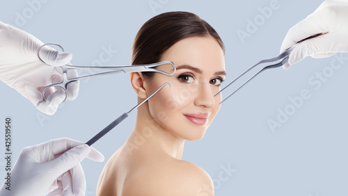 Doctors with different instruments and young woman on light blue background  collage. Concept of plastic surgery