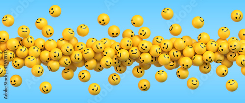 Many flying yellow balls with smiling faces on blue background. Social media and communications concept vector background