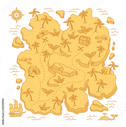 Treasure Island. Pirates Isle adventure. Sea ship. Board game chest map. Vector cartoon line. Open paths. Editable outline.