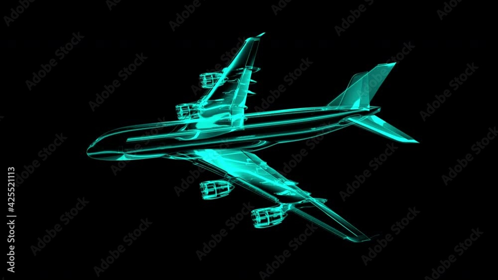 CGI motion graphics of blue plane hologram glowing and flickering CGI motion graphics of blue plane hologram glowing and flickering