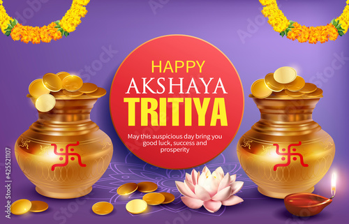 Greeting background with gold pots, coins and diya (oil lamp) for Indian festival Akshya Tritiya. Vector illustration.