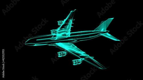 CGI motion graphics of blue plane hologram glowing and flickering
