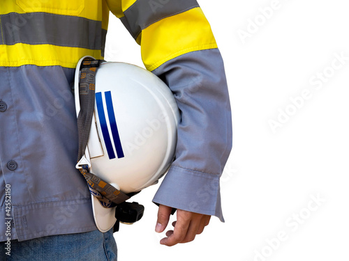 Engineering people wearing yellow high visibility safety jacket.