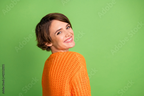 Принти на полотні Turned photo of attractive cute stunning young woman good mood smile isolated on