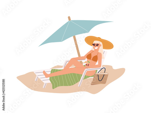 Flat style vector illustration of cartoon woman character in bikini sunbathing on beach bench surrounded by sand Isolated on white background. Summer vacation concept.