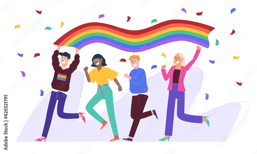 Flat style vector illustration of people running and holding rainbow  flag swirly above their head on confetti background. Pride month celebration. Lesbian, gay, transgender love.