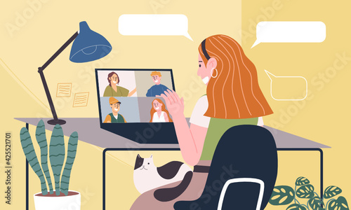 Flat style vector illustration of cartoon woman character working from home. Concept of working online, meeting conference at home. Social-distance during corona virus quarantine. New normal.