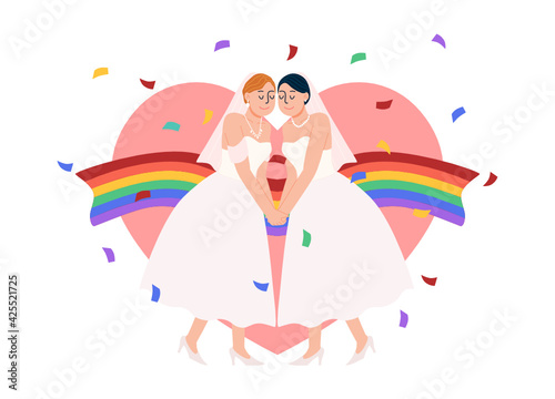 Flat style vector illustration of Lesbian couple in wedding dress kissing on LGBT rainbow flag, Heart shape and rainbow confetti.