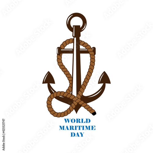 Vector illustration dedicated to the World Sea Day. Marine anchor and rope. White background. Banner, poster, signboard, etc. For various design purposes.