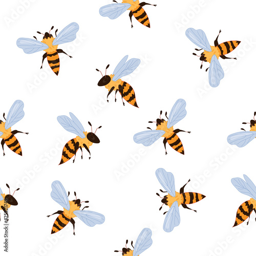 Seamless pattern with design of bees, flat vector illustration on white background. Repeatable seamless pattern with honey bee. Design of textile print or wrapping.