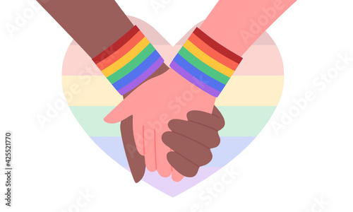 Flat style vector illustration of hands with gay pride LGBT rainbow wristband holding each other on pastel rainbow heart shape isolated on white background. Pride month celebration.
