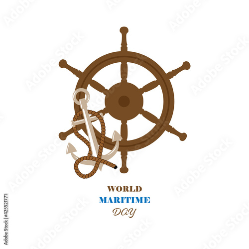 Vector illustration dedicated to the World Sea Day. Steering wheel, anchor and rope. Banner, poster, sign, symbol. For various design purposes.