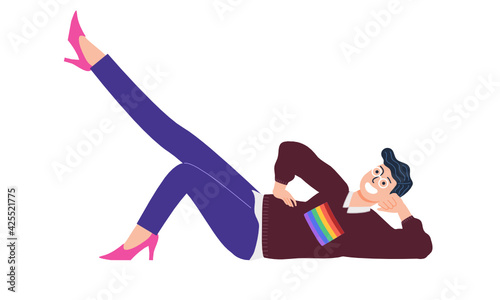 Flat style vector illustration of queer character waring pink high heels in fabulous legs pose isolated on white background. Pride month celebration,