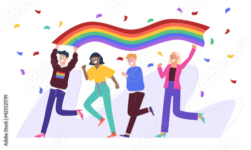 Flat style vector illustration of people running and holding rainbow  flag swirly above their head on confetti background. Pride month celebration. Lesbian, gay, transgender love.